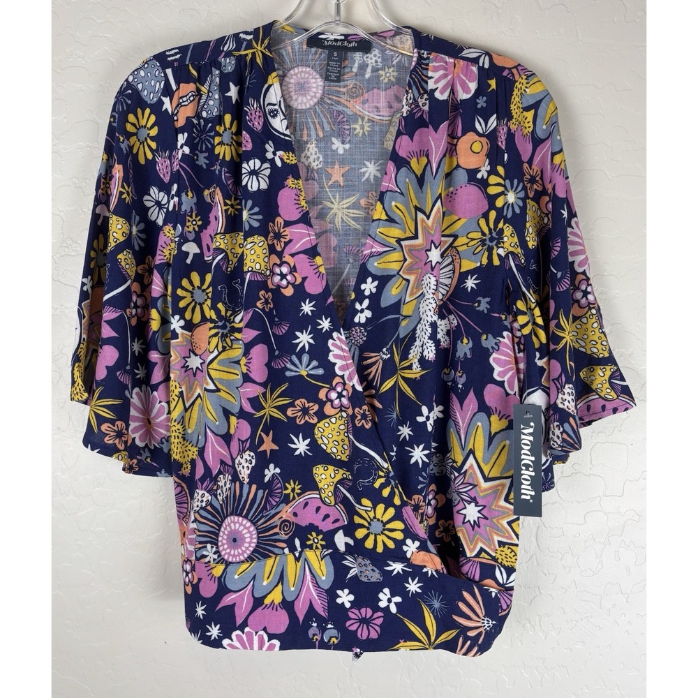 NEW ModCloth Mushroom Floral Wrap Shirt Witchy Botanical S‎ Blue 1289